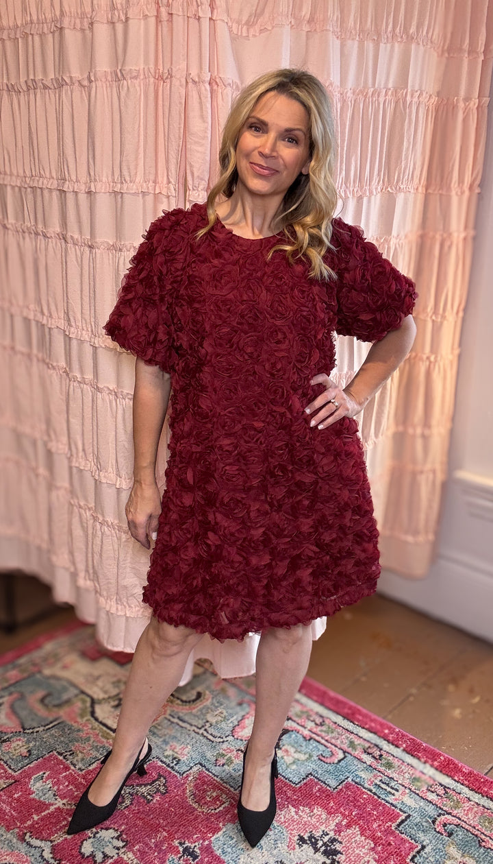 Rose Applique Bubble Sleeve Dress