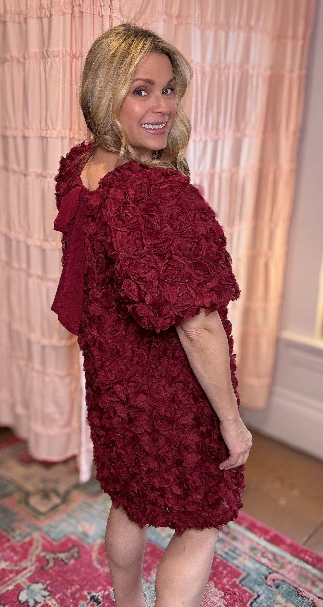 Rose Applique Bubble Sleeve Dress