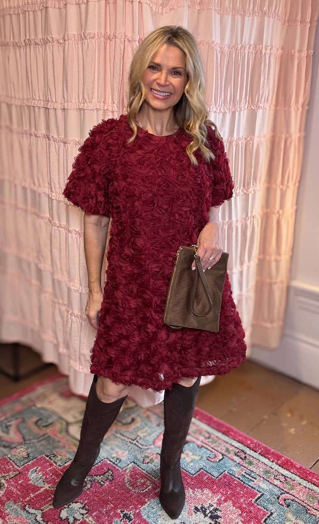 Rose Applique Bubble Sleeve Dress