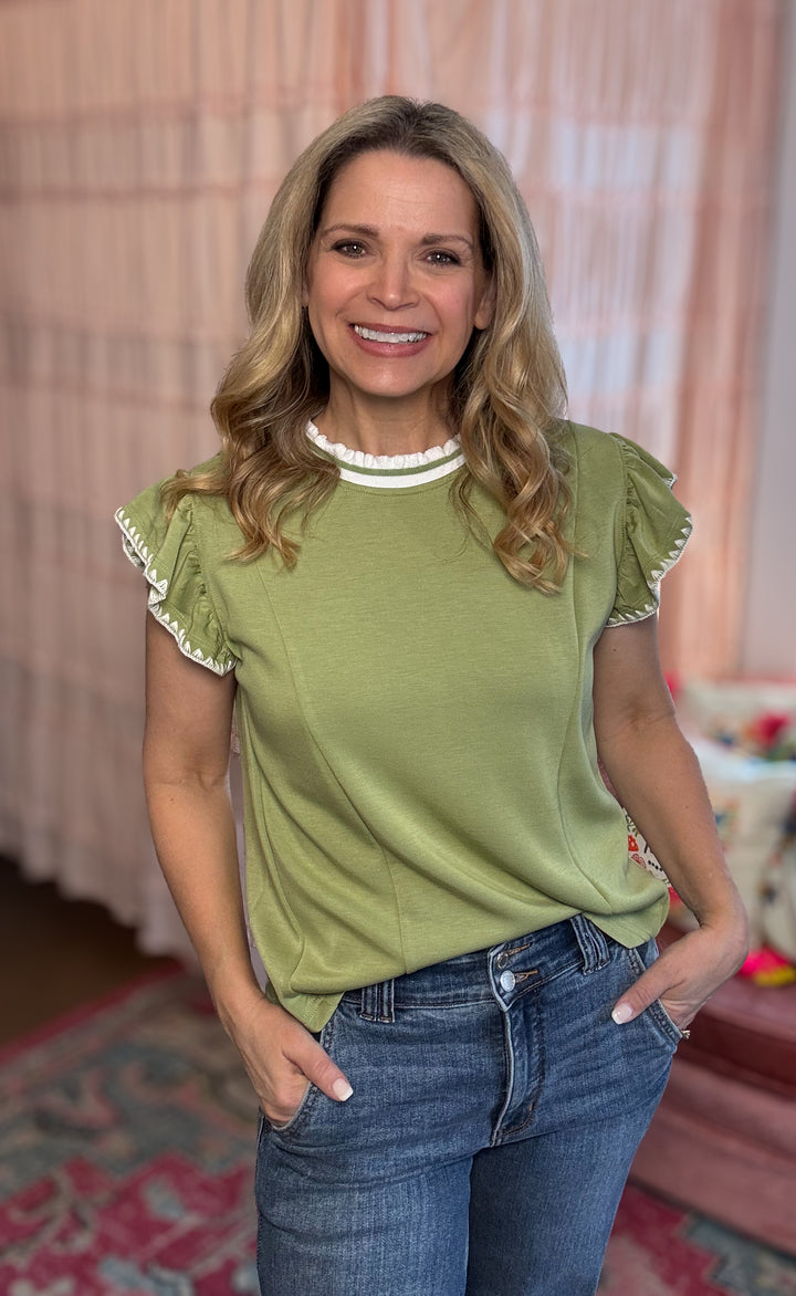 Ruffle Sleeve Knit Top with Contrast Trim