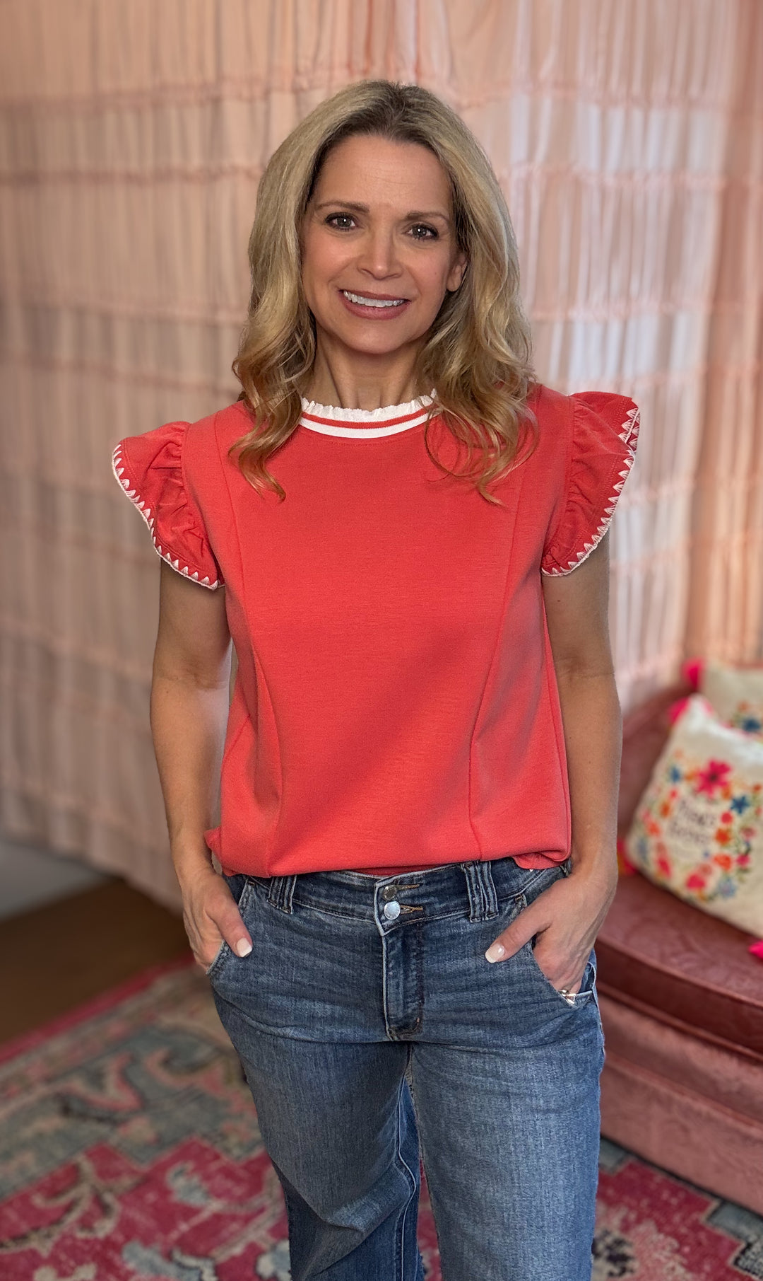 Ruffle Sleeve Knit Top with Contrast Trim