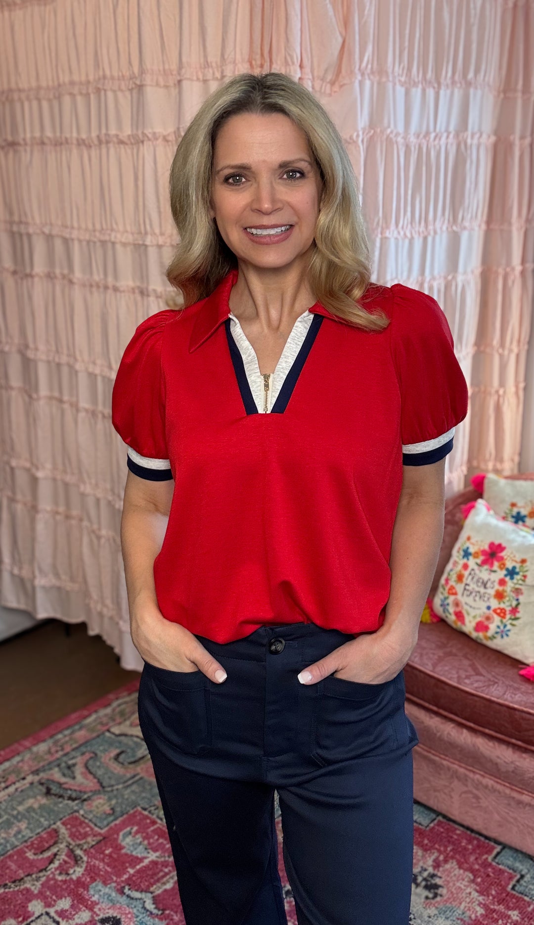 Red Puff Sleeve Zip Front Top