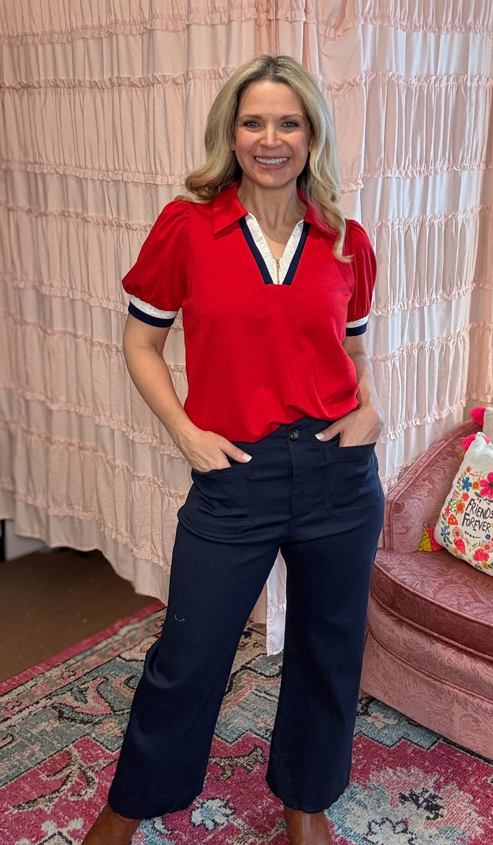 Red Puff Sleeve Zip Front Top