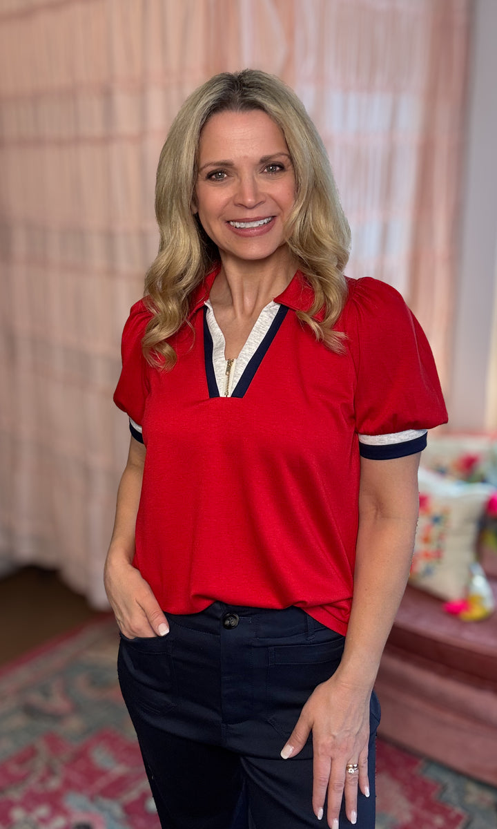 Red Puff Sleeve Zip Front Top