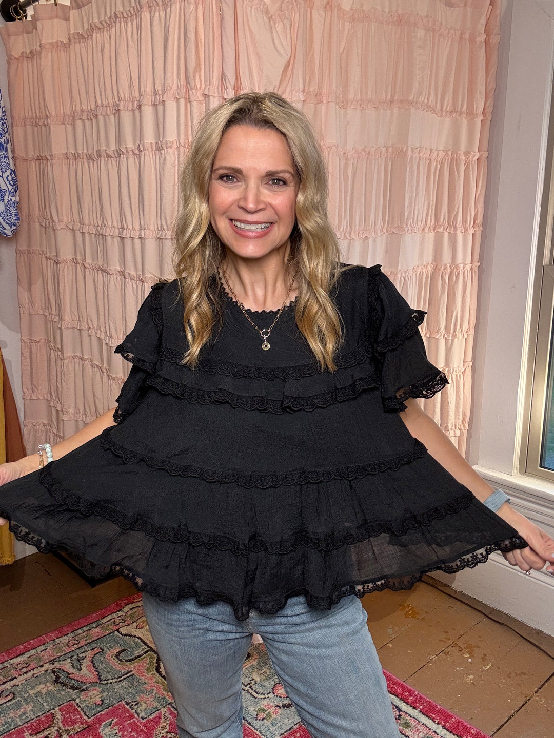 Ruffle Lace Trim Swing Top