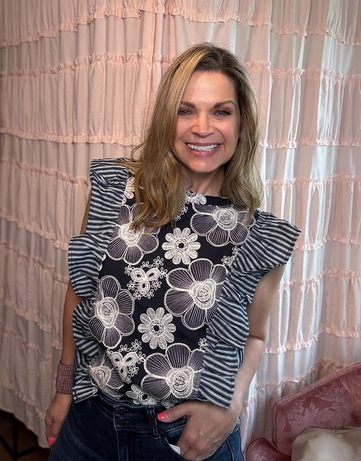 Floral Embroidered Striped Ruffle Top
