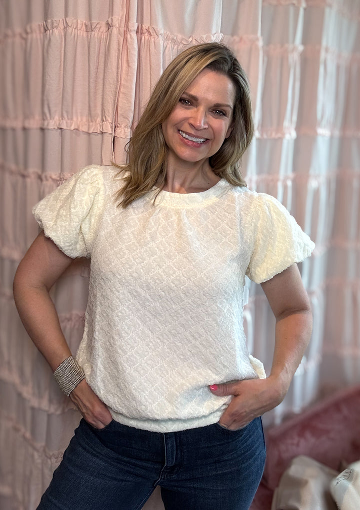 Cream Short Bubble Sleeve Textured Top