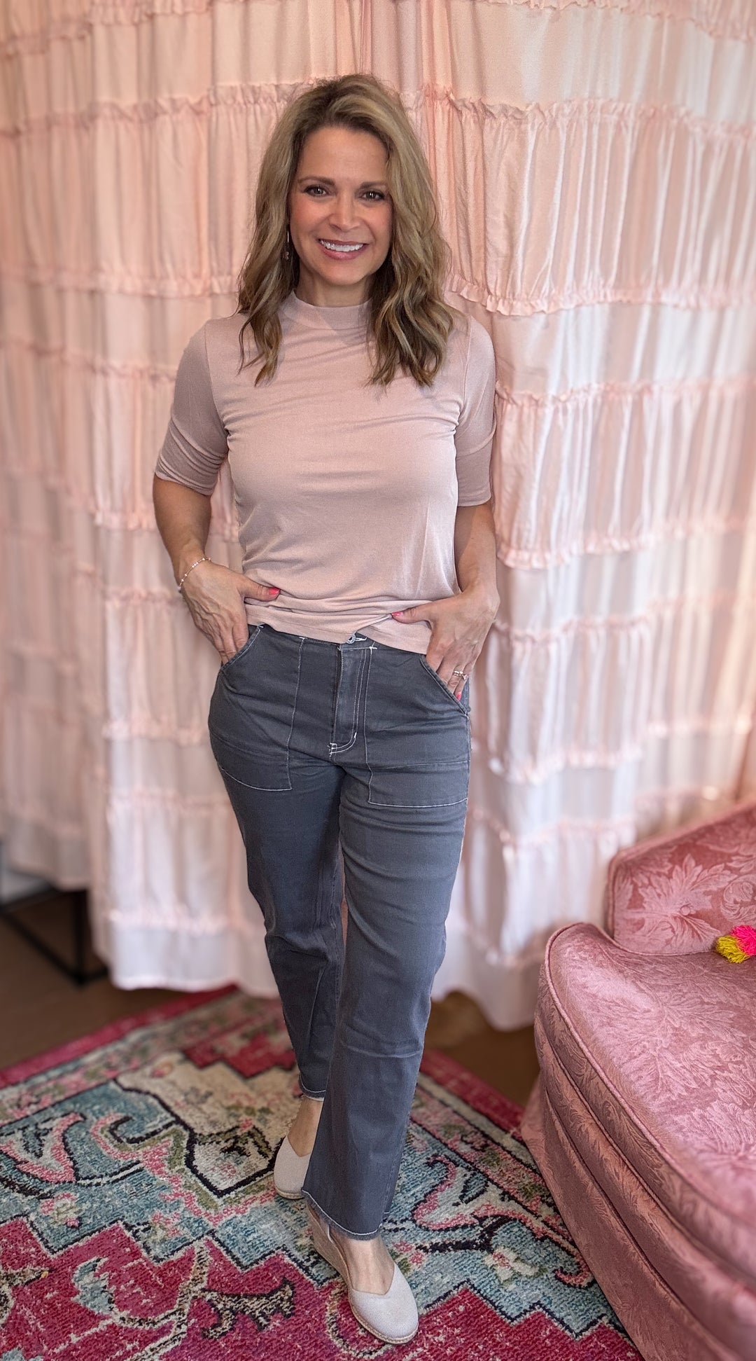 Twill Contrast-Trim Pants with Side Pockets