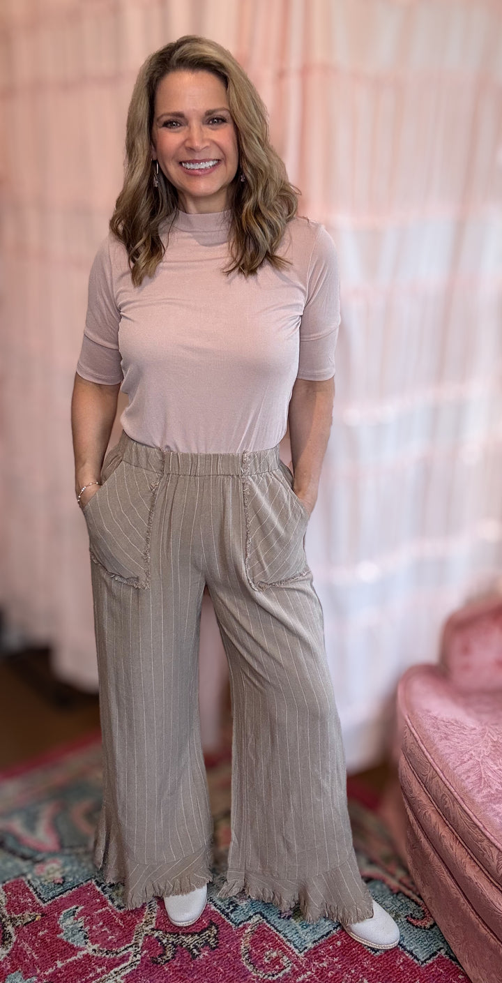 Linen Stripe Pants in Taupe