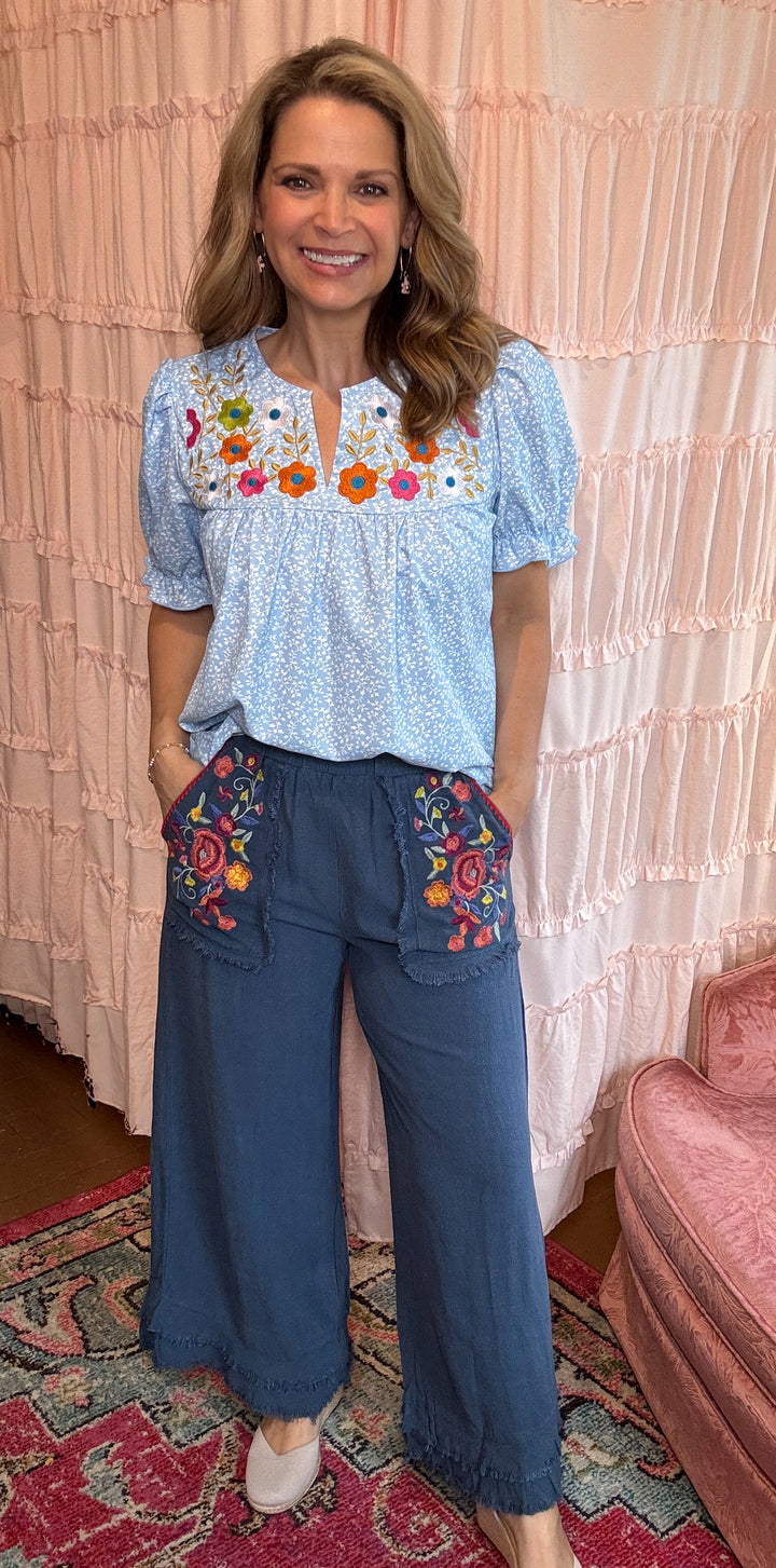 Embroidered Slate Blue Pants