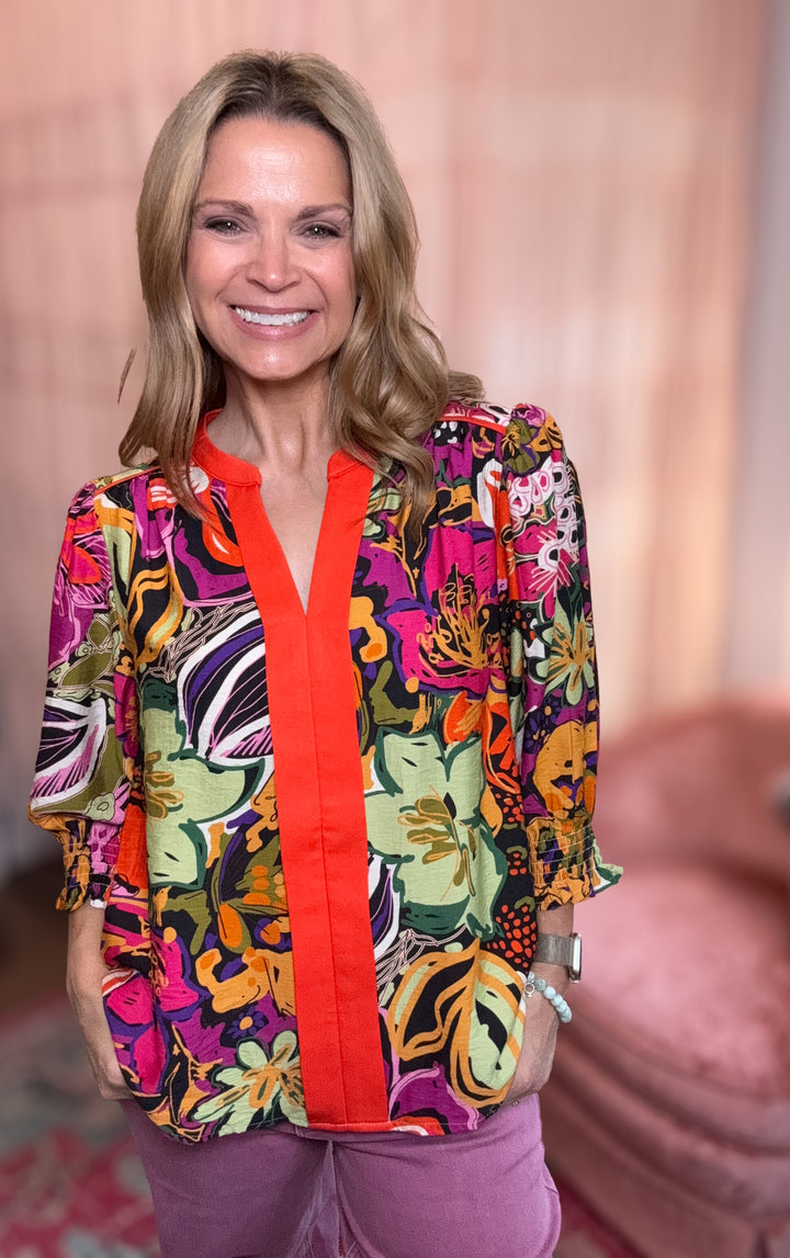 Floral Print Contrast Neck Top