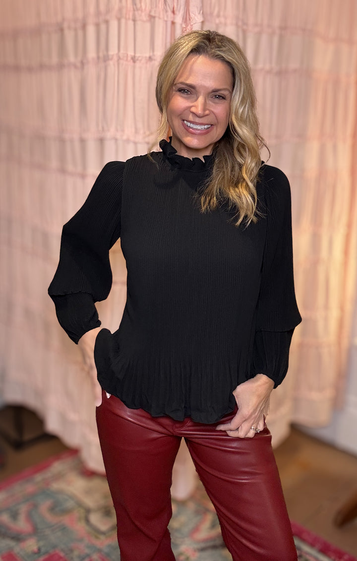 Black Pleated Mock Neckline Top