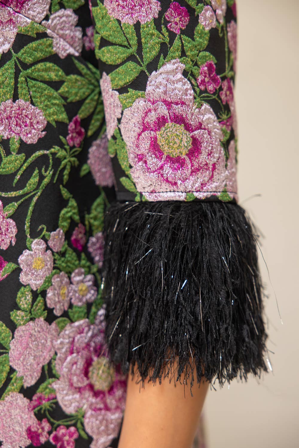 Ostrich Feather Fringe Trim Floral Jacquard Dress