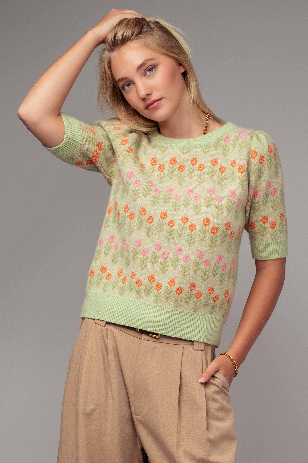 Floral Print Crew Neck Knit Sweater