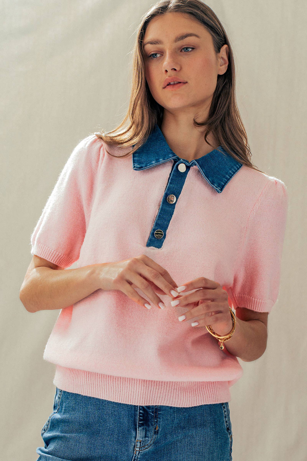 Contrast Denim Collar Knit Sweater Top