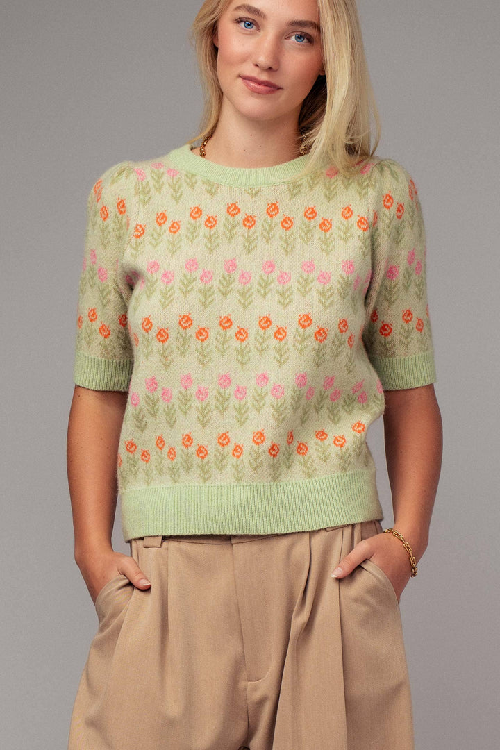Floral Print Crew Neck Knit Sweater