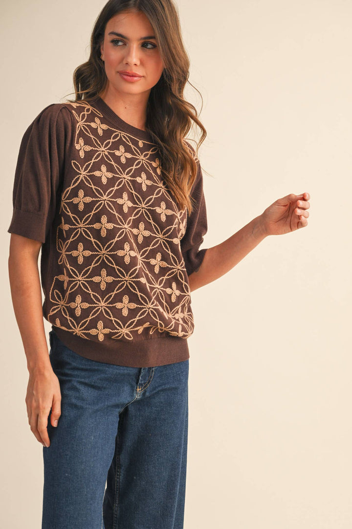 Brown Puff Sleeve Sweater Top