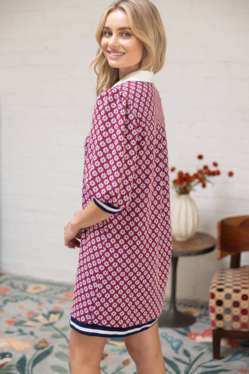 Collar Button Down Textured Floral Print Dress