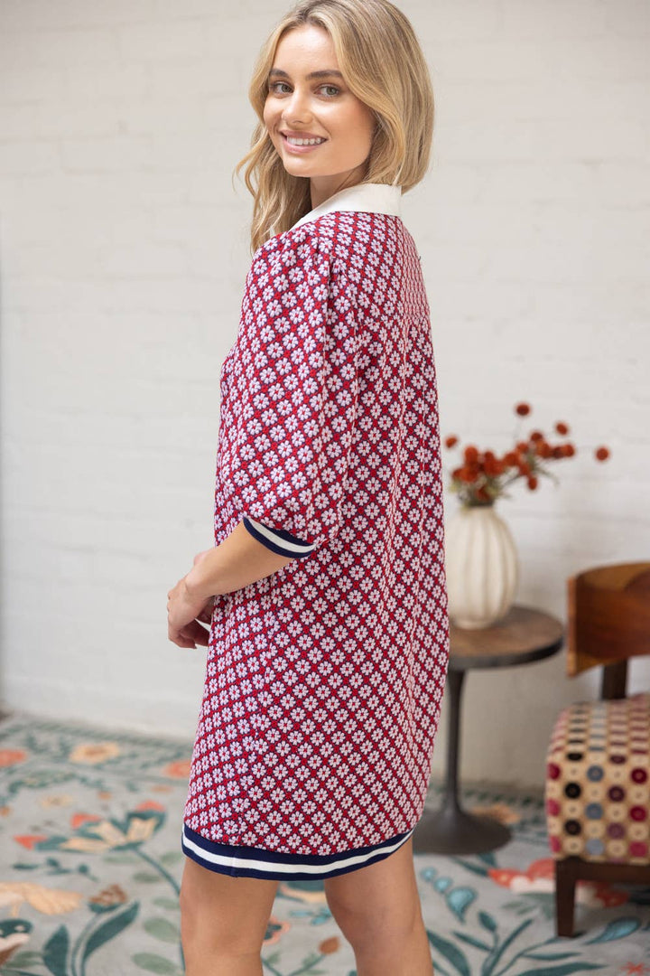 Collar Button Down Textured Floral Print Dress