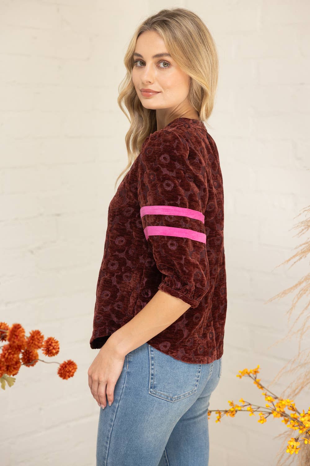 Velvet Stripe Detail Sleeve Floral Top