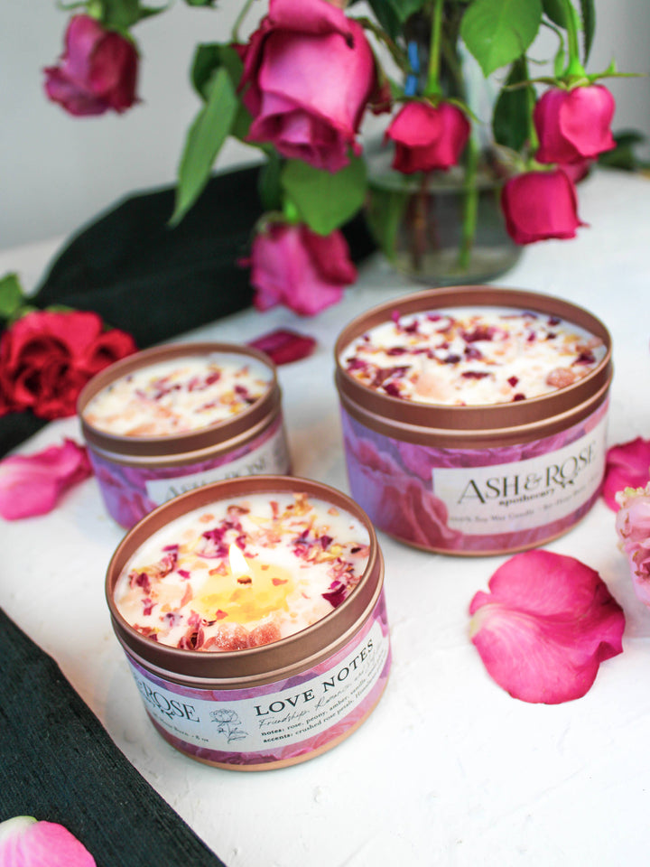 Love Notes Soy Candle Rose Petals Pink Himalayan Salt Flower