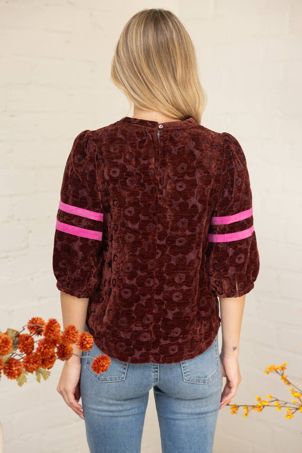 Velvet Stripe Detail Sleeve Floral Top