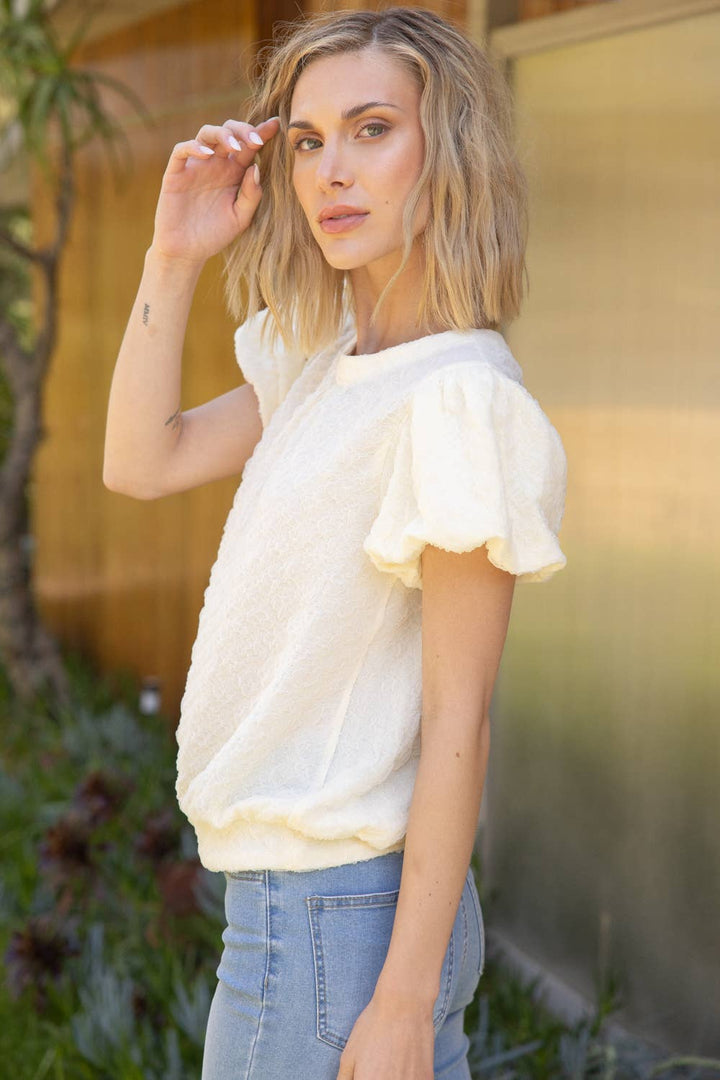 Cream Short Bubble Sleeve Textured Top