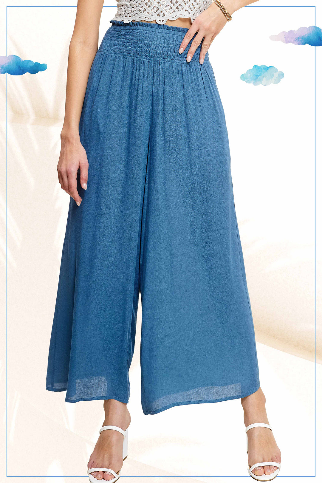 Wide Leg Smocked Elastic Waist Pants With Pockets
