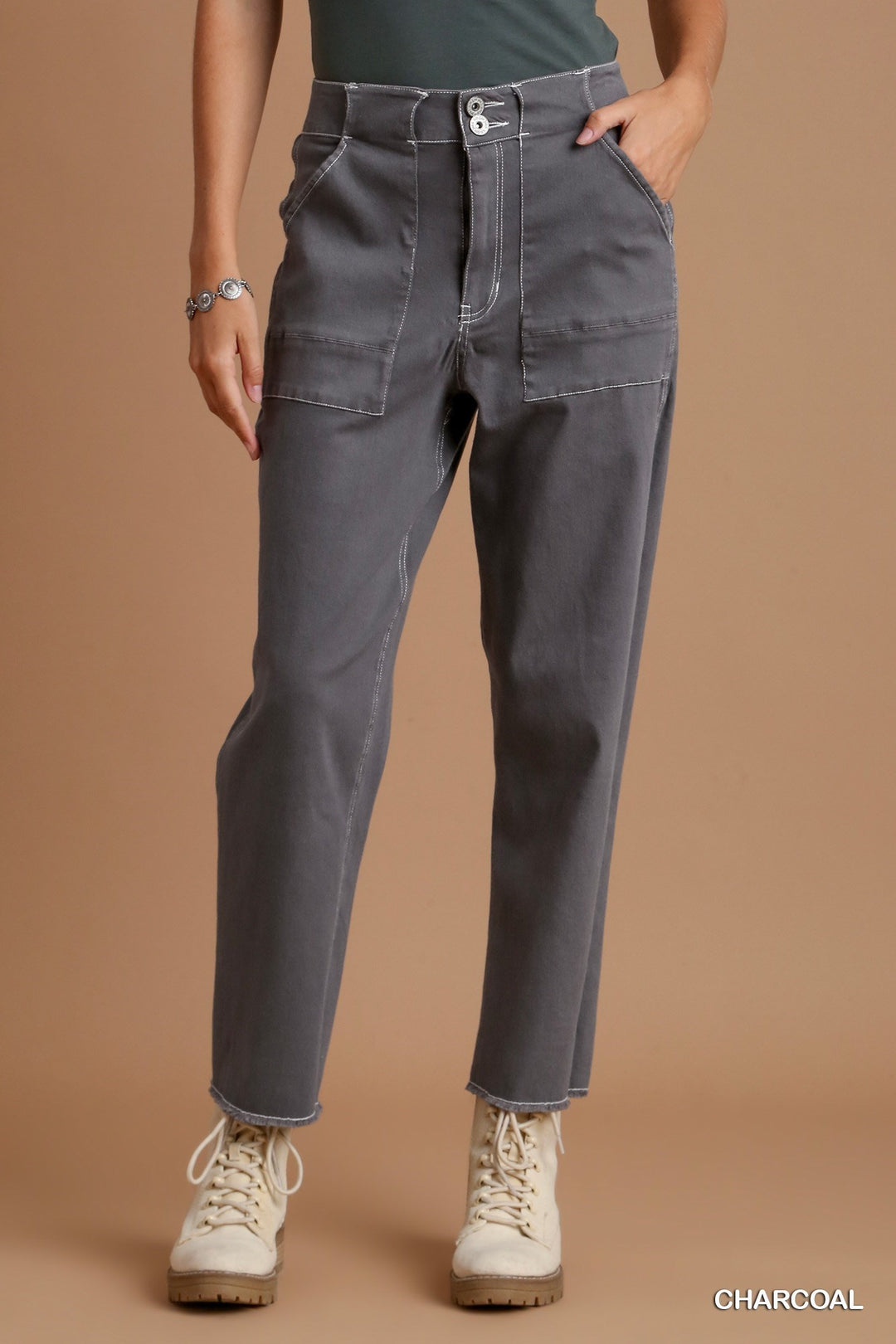 Twill Contrast-Trim Pants with Side Pockets