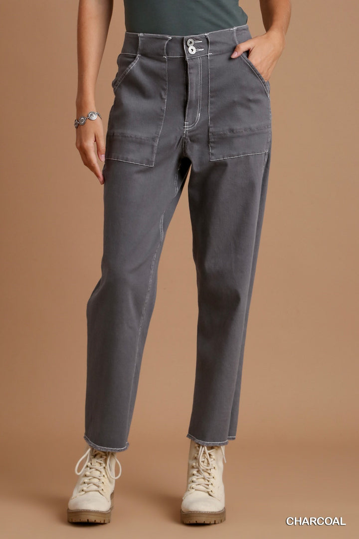 Twill Contrast-Trim Pants with Side Pockets