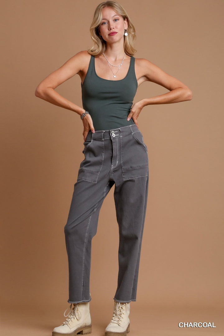 Twill Contrast-Trim Pants with Side Pockets