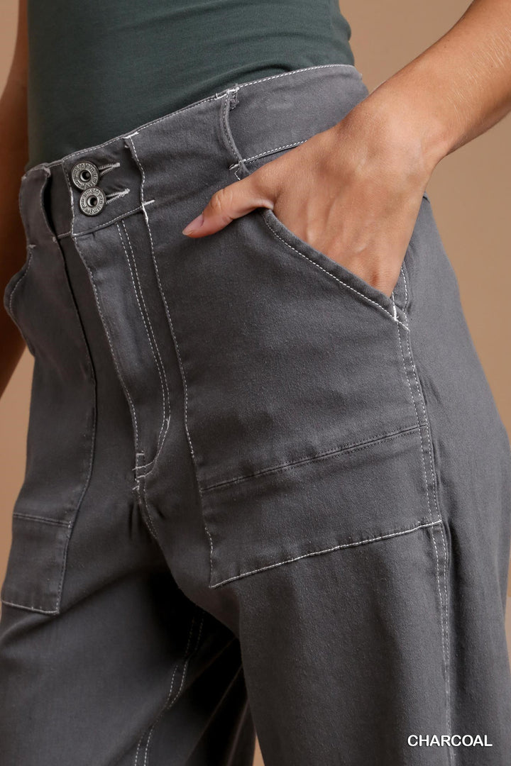 Twill Contrast-Trim Pants with Side Pockets