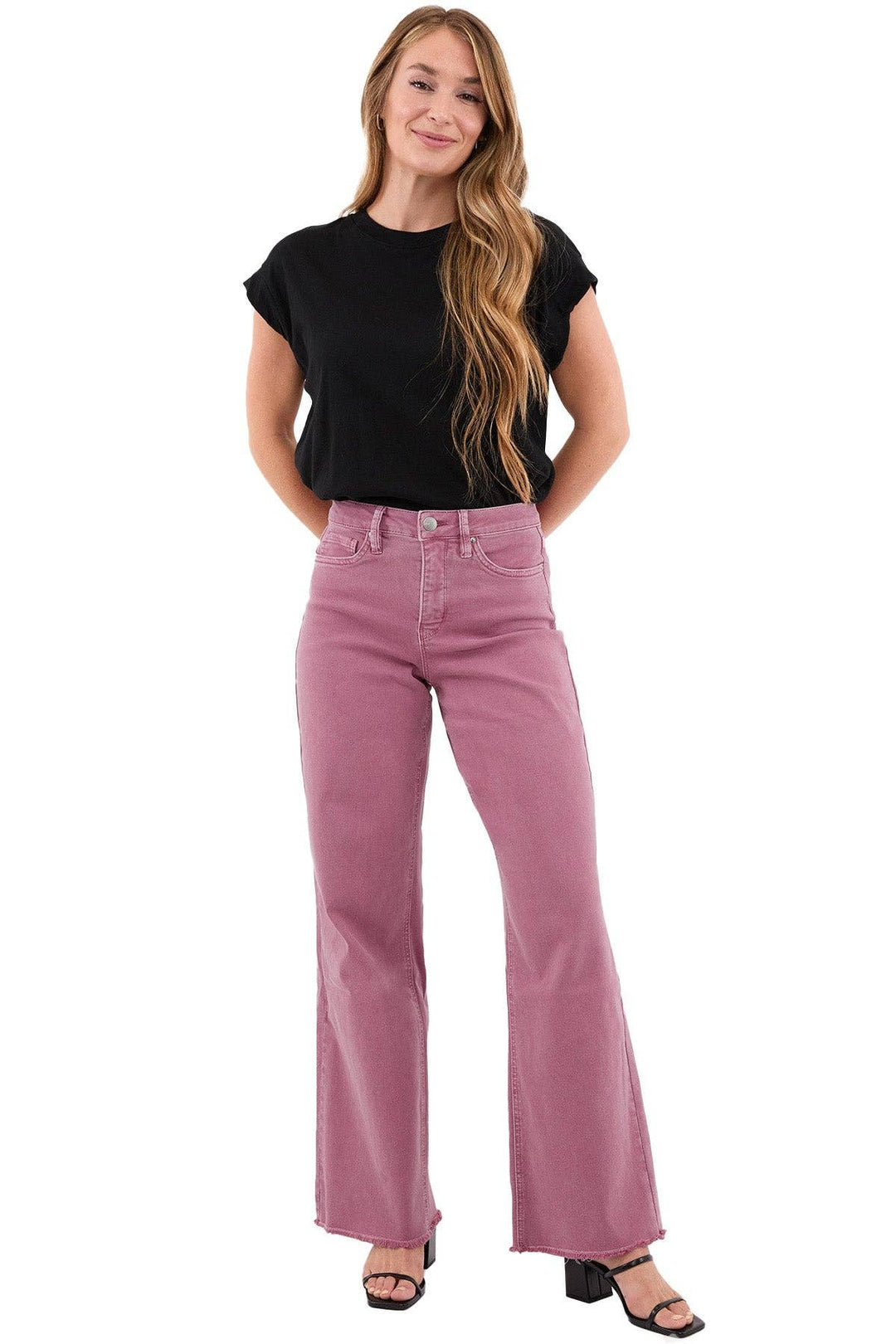 French Rose High Rise Frayed Wide Leg Pants