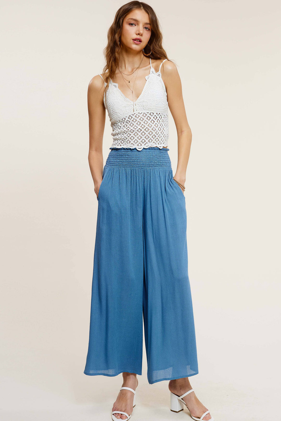 Wide Leg Smocked Elastic Waist Pants With Pockets