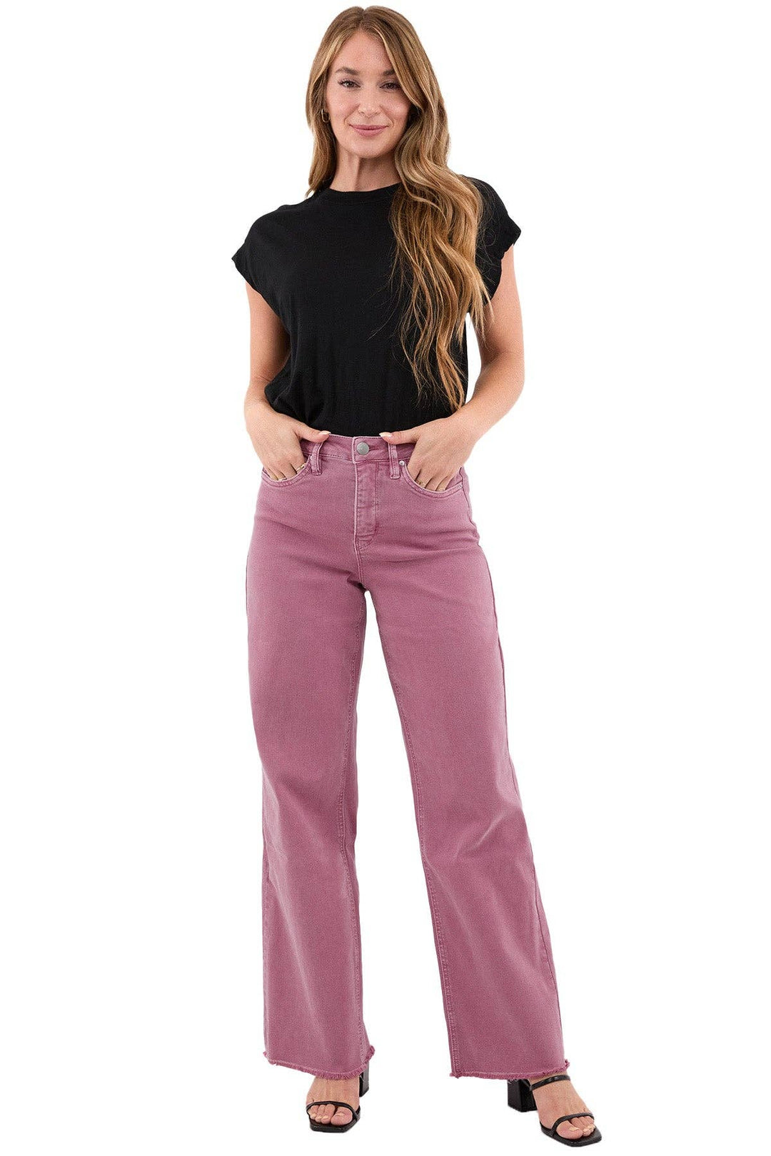French Rose High Rise Frayed Wide Leg Pants