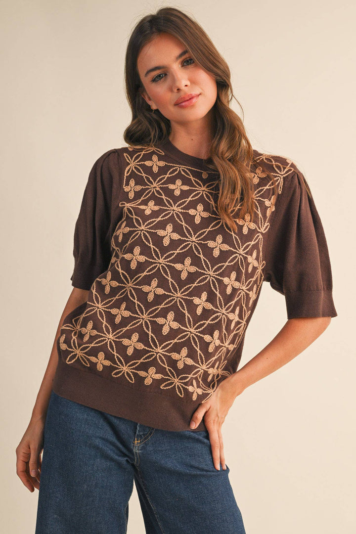 Brown Puff Sleeve Sweater Top