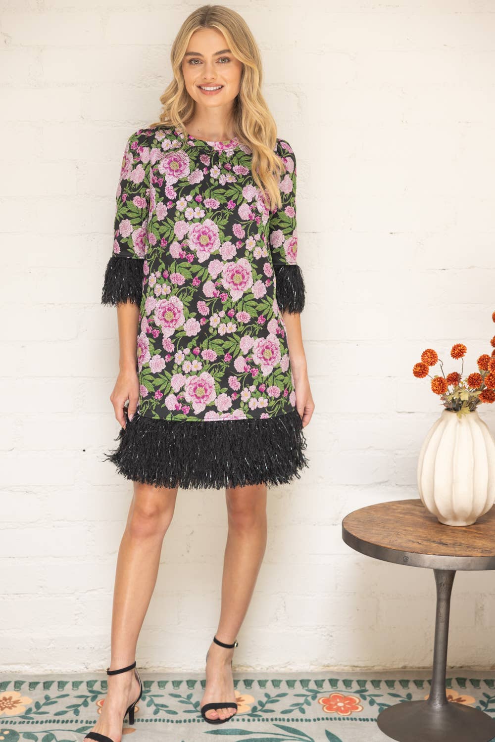 Ostrich Feather Fringe Trim Floral Jacquard Dress