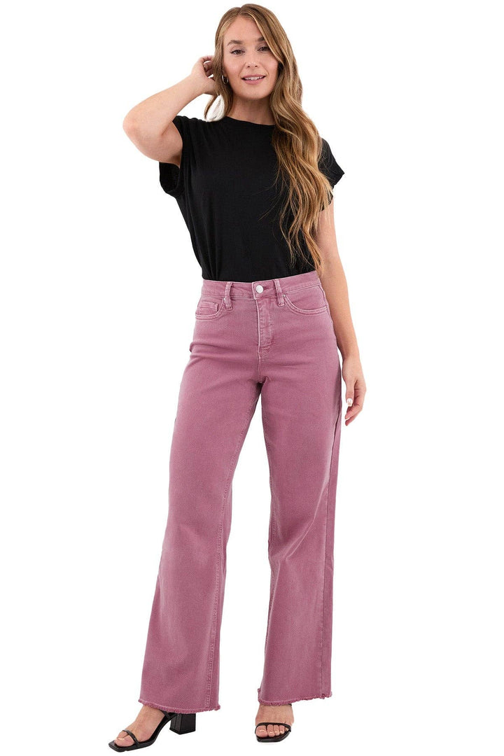 French Rose High Rise Frayed Wide Leg Pants