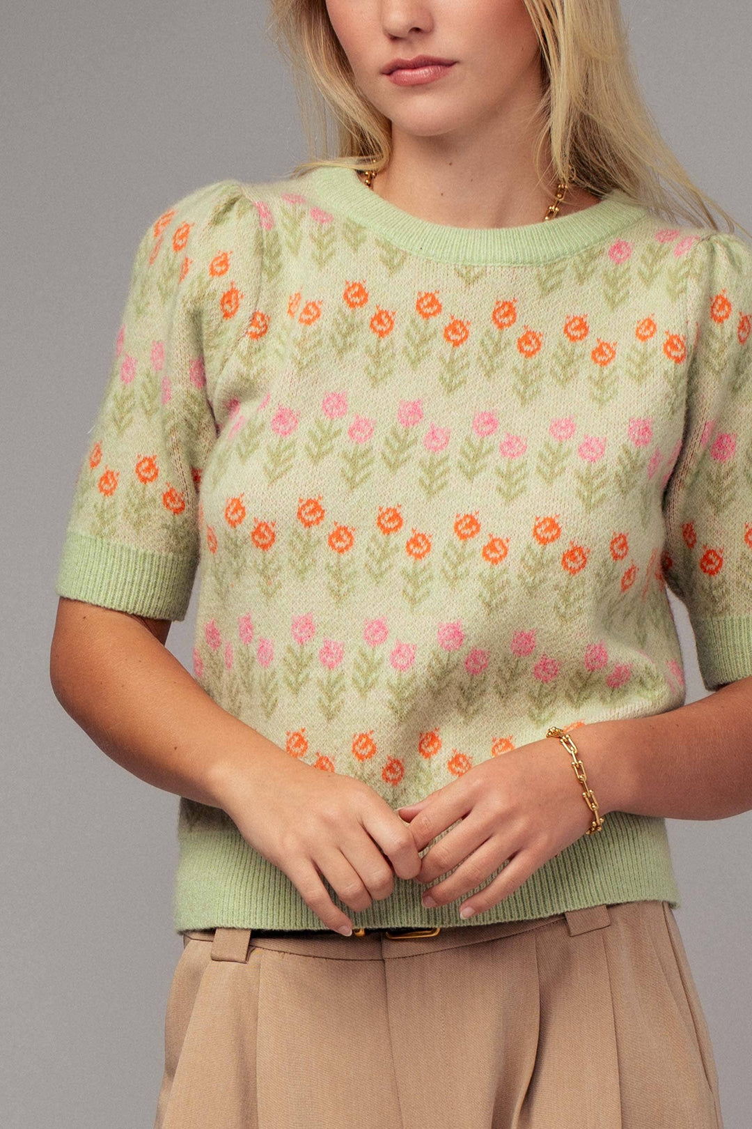 Floral Print Crew Neck Knit Sweater