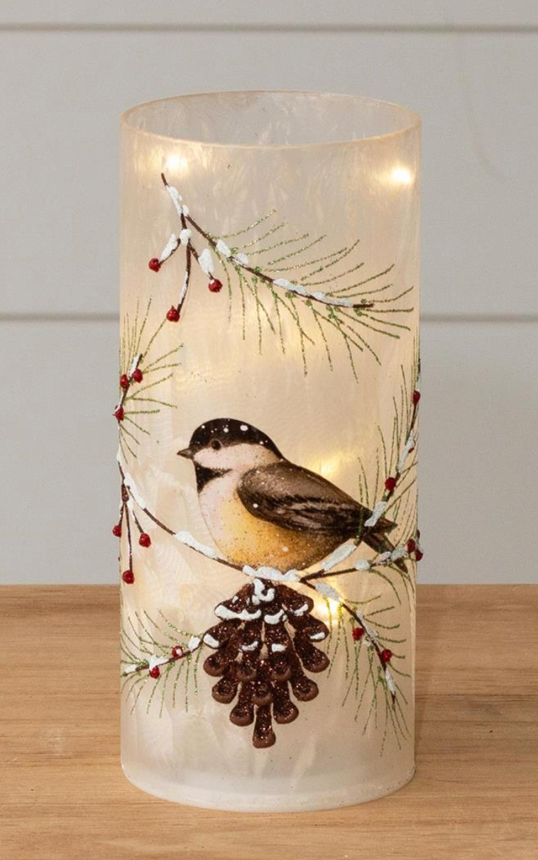 Frosted luminary/chickadee