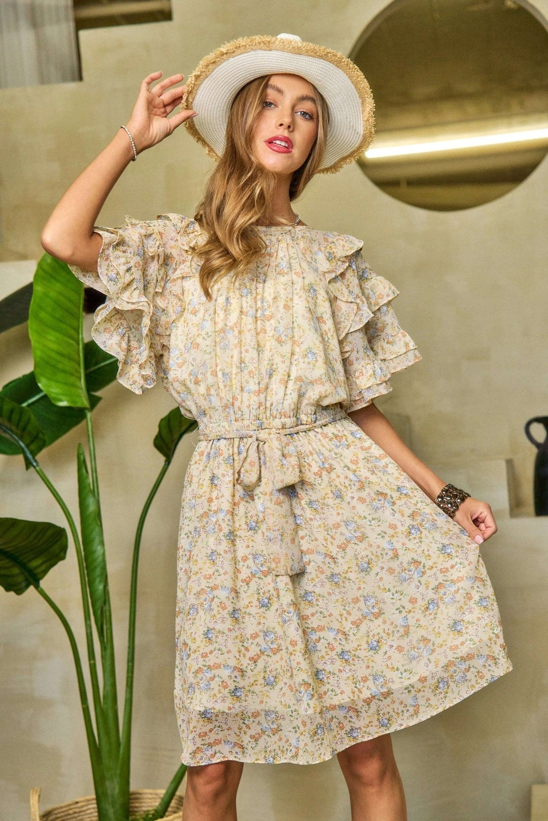 Cream floral ruffled dress