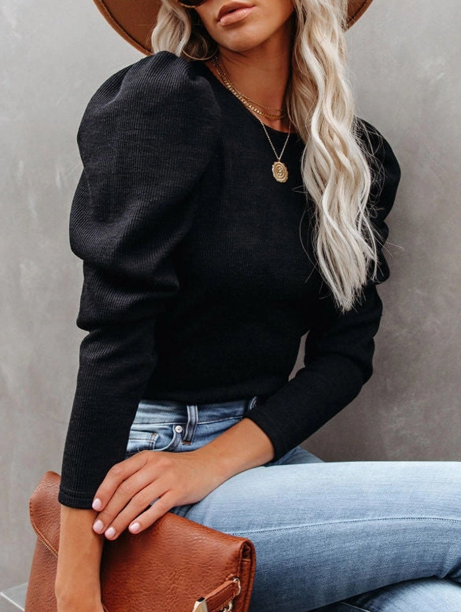 Black ribbed puff sleeve top